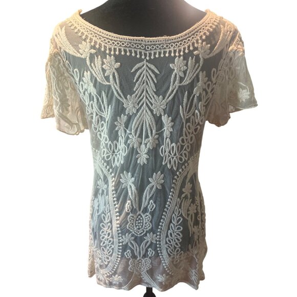 Dulcie Sheer Lace Short Sleeved Top M Embroidered Sheer Boho Coquette mesh - Picture 3 of 9